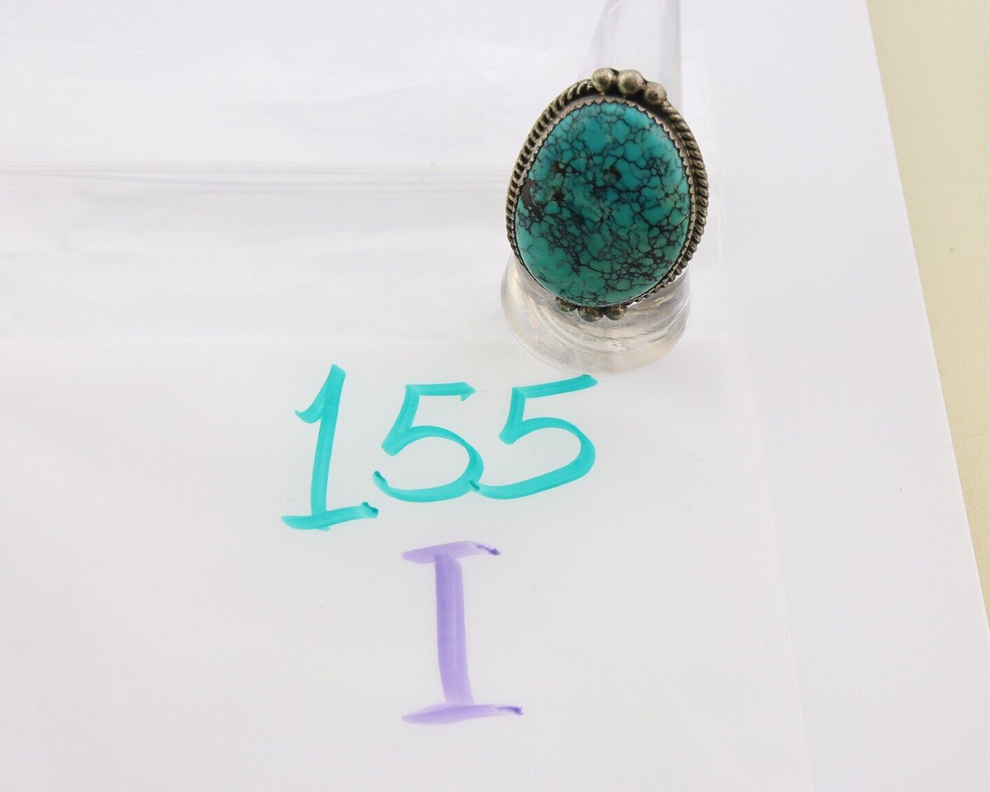 Navajo Ring 925 Sterling Spiderweb Blue Turquoise Native Artist C.80's Size 7.5