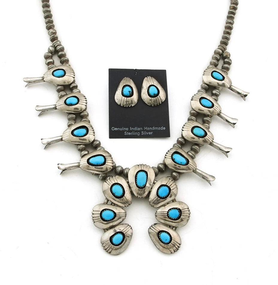 Navajo Squash Necklace Set Sterling Silver Turquoise Vintage Handmade