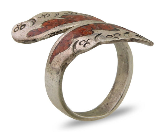 Navajo Ring 925 Silver Chip Inlay Coral Native Artist C.80's
