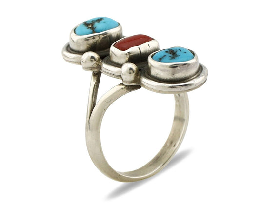 Navajo Ring 925 Silver Sleeping B Turquoise & Coral Native American Artist C.80s