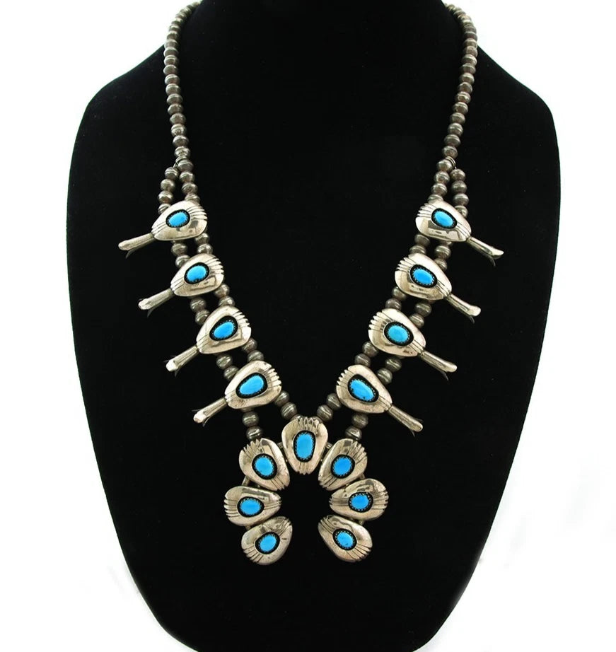 Navajo Squash Necklace Set Sterling Silver Turquoise Vintage Handmade