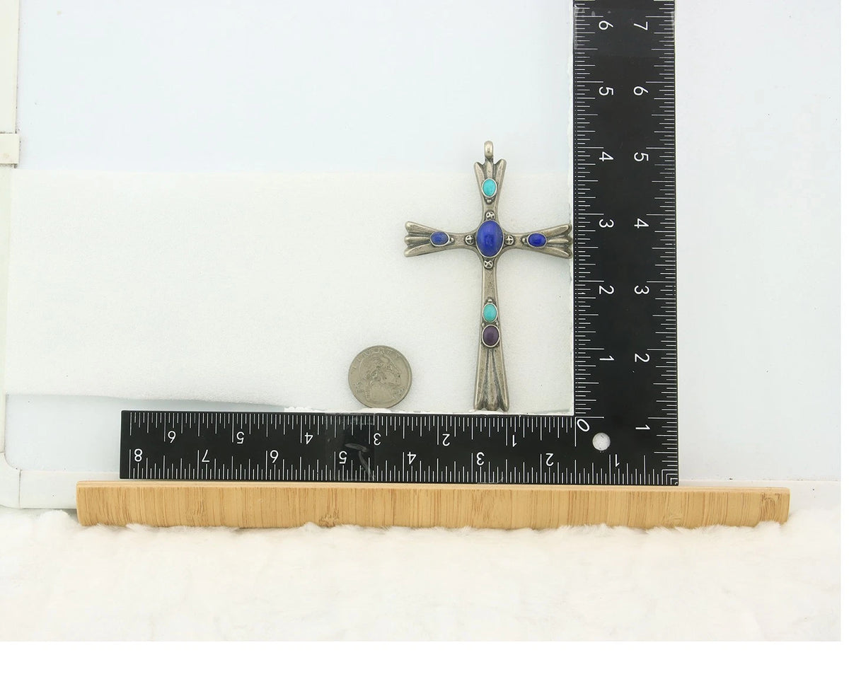 Navajo Cross Pendant Sterling Silver Natural Gemstones Artist Signed De Chelly