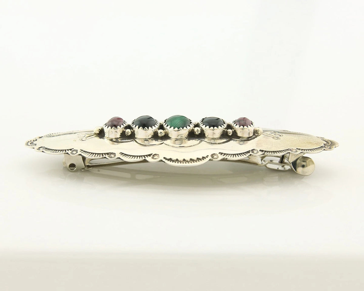 Navajo Barrette Sterling Silver Gemstones Hand Stamped Vintage Signed C/J NEZ