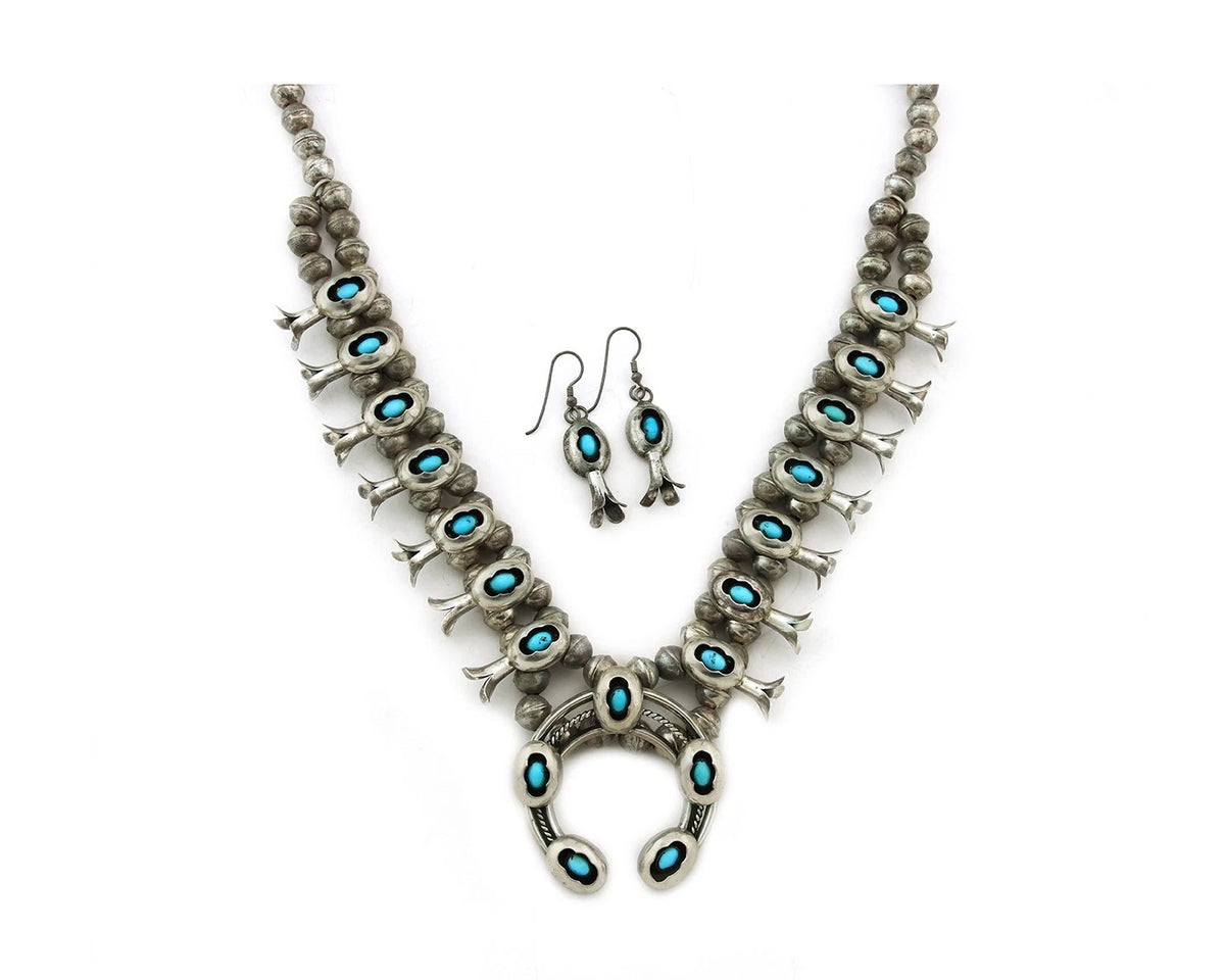 Navajo Squash Necklace Set Sterling Silver Turquoise Vintage Signed Ray Begay