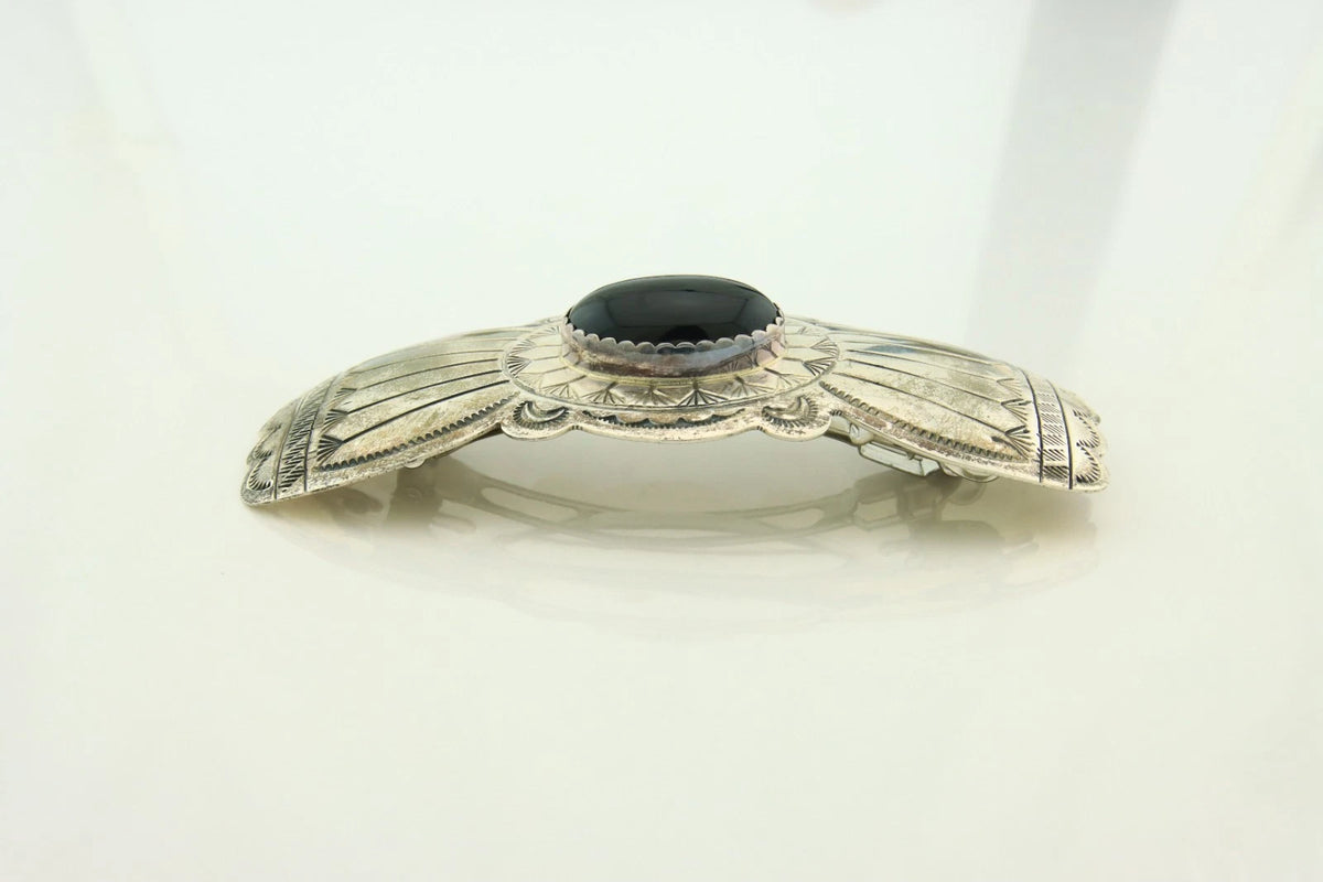 Navajo Barrette Sterling Silver Black Onyx Vintage Hand Stamped 3.9 in.