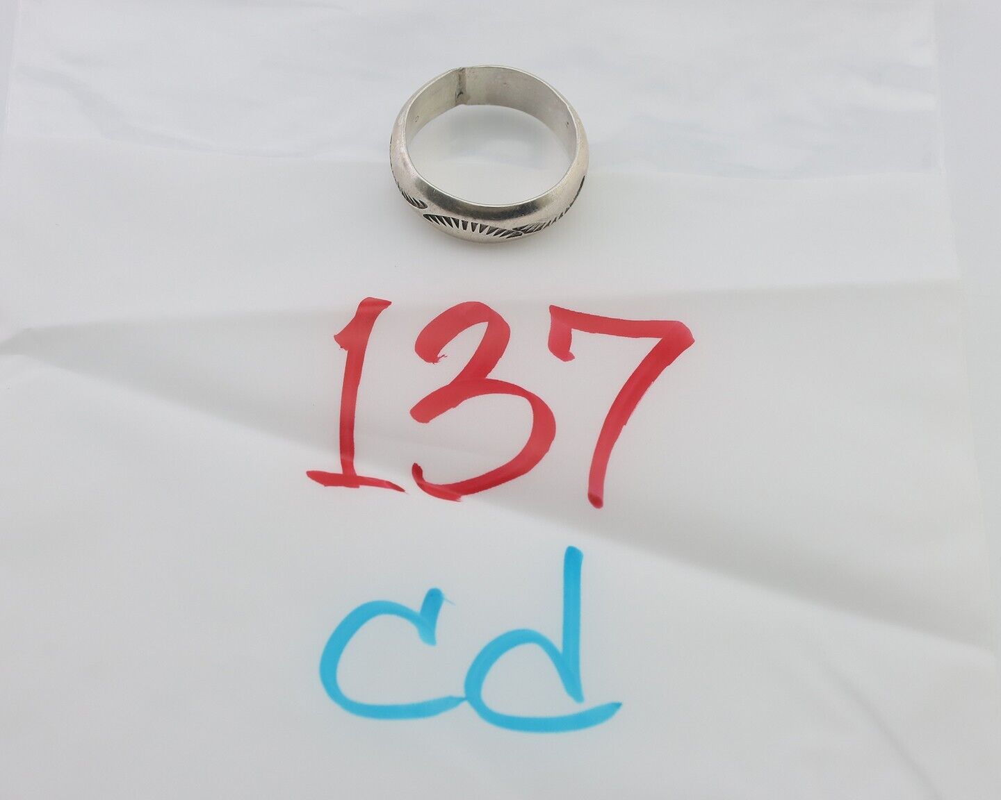 Navajo Hand Stamped Band 925 Silver 6.0 mm Signed Larry Chavez Size 7.5 C.80's