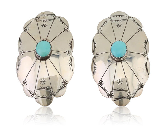 Navajo Hand Stamped Shield Earrings 925 Silver Turquoise Native Artist C.80's