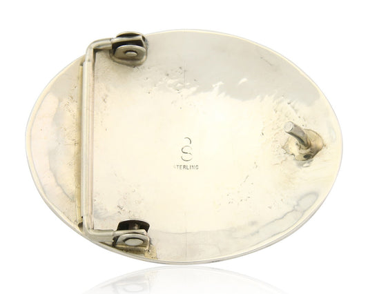 Navajo Belt Buckle 925 Sterling Silver Turquoise Coral Signed Stanley Bains C80s