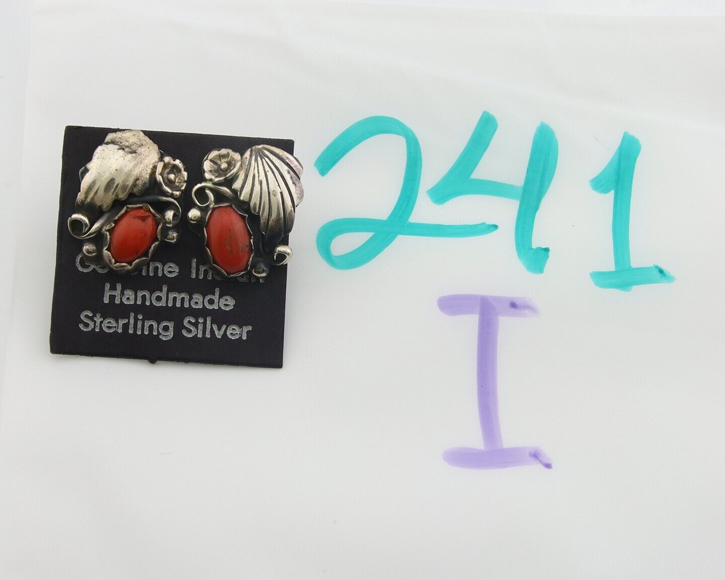 Navajo Earrings 925 Silver Natural Coral Native American Artist C.80's