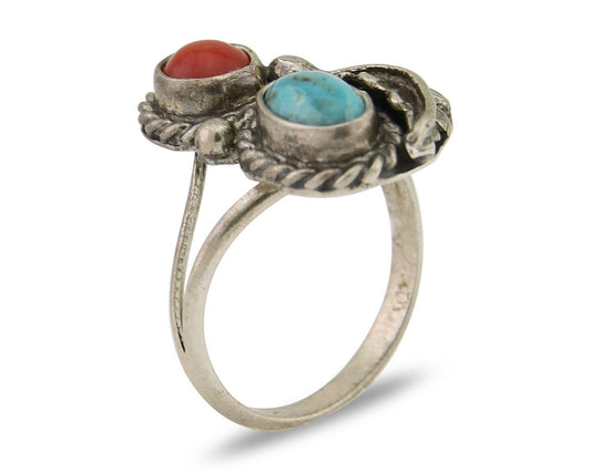 Navajo Handmade Ring 925 Silver Coral & Turquoise Native Artist C.80's