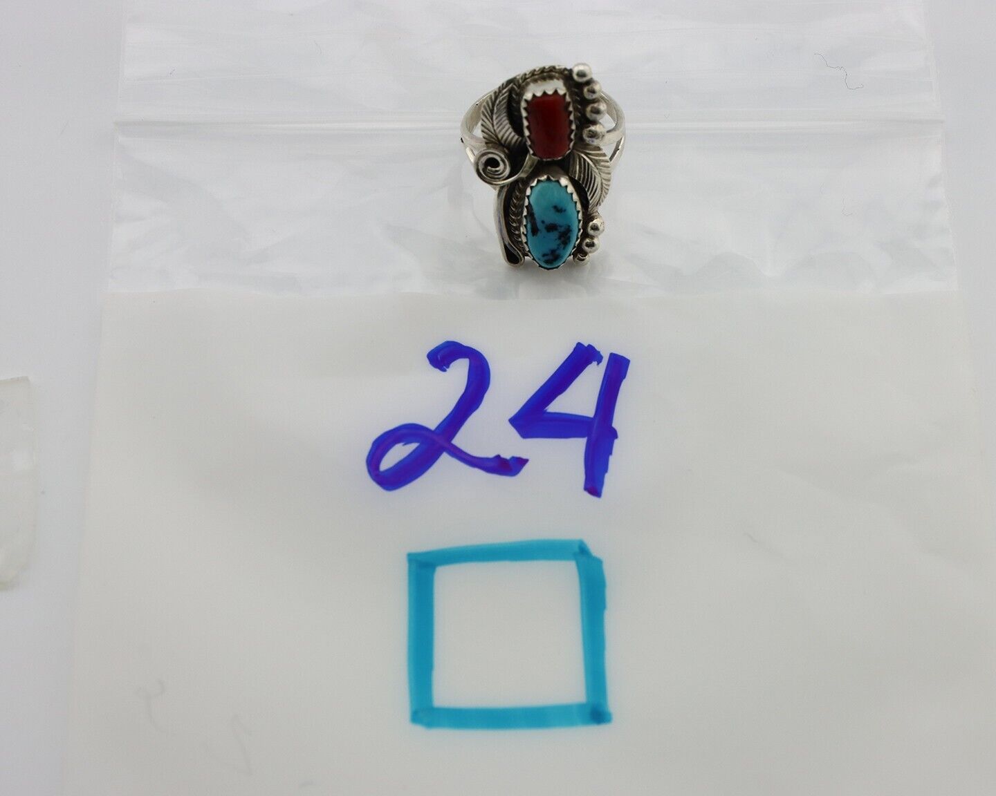 Navajo Ring .925 Silver Turquoise & Coral Artist Signed Justin Morris C.80's