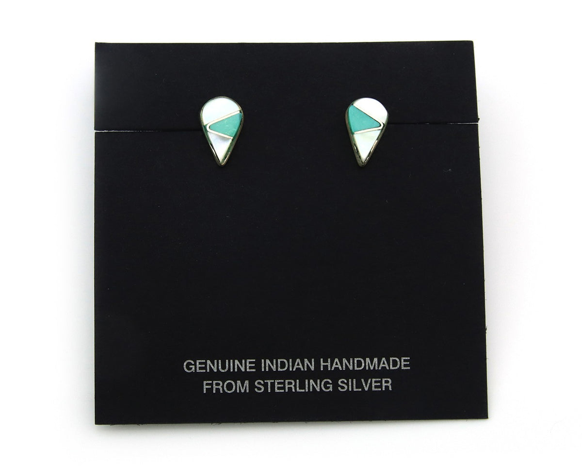 Navajo Earrings Sterling Silver Inlaid Turquoise & MOP Vintage Handmade