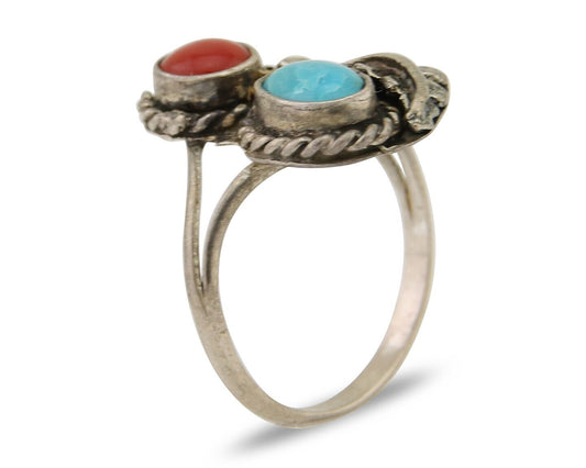 Navajo Handmade Ring 925 Silver Coral & Turquoise Native Artist C.80's