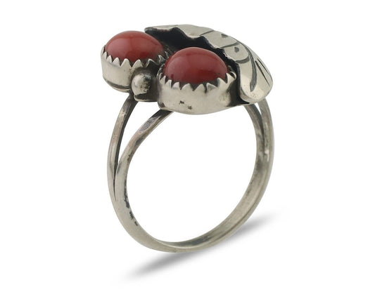 Navajo Handmade Ring 925 Silver Natural Mediterranean Coral Signed 88 C.80's