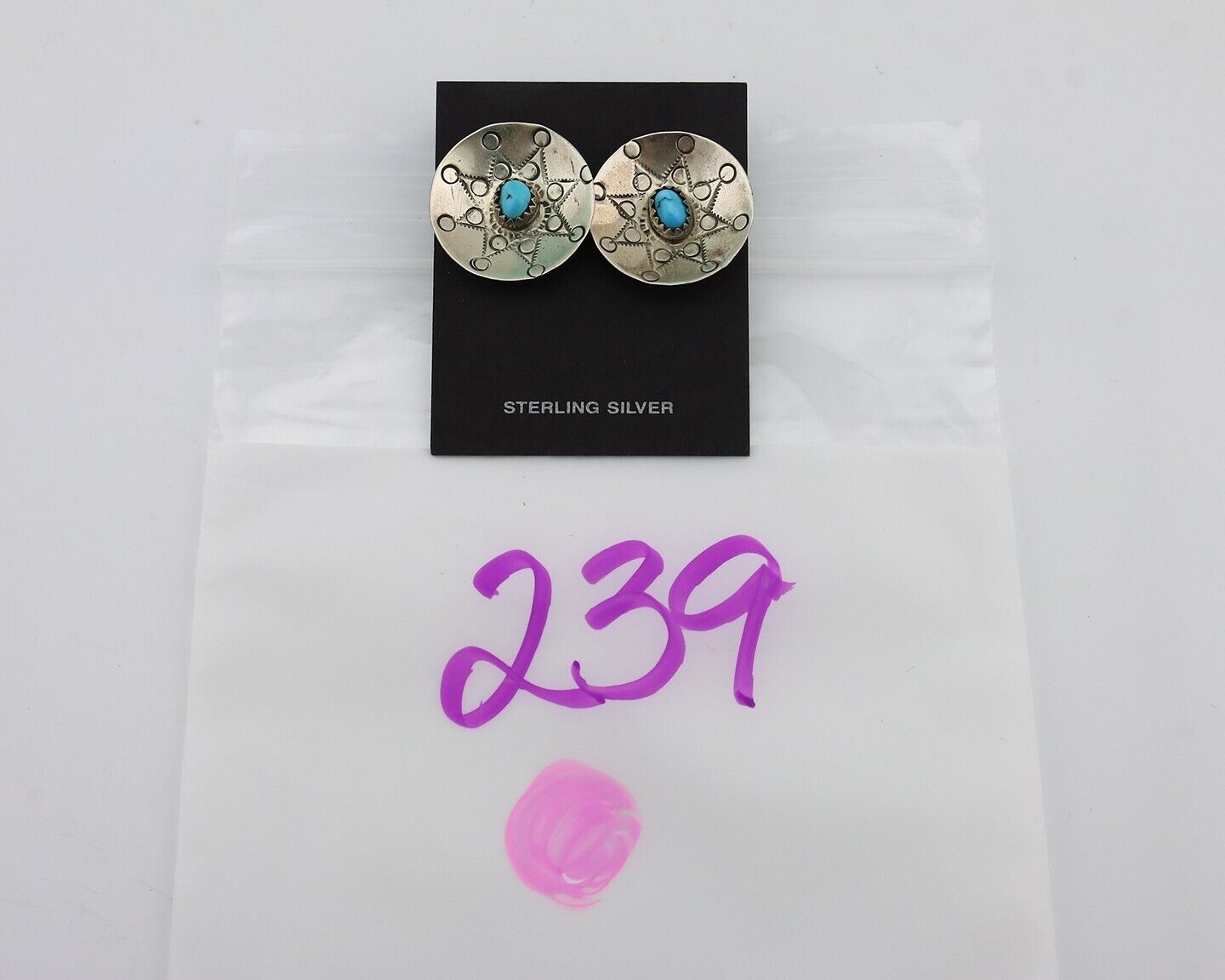 Navajo Hand Stamped Earrings 925 Silver Turquoise Signed Helen Harrison C.80's