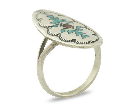 Vintage Navajo Ring 925 Sterling Turquoise & Coral Native Artist Size 7.5
