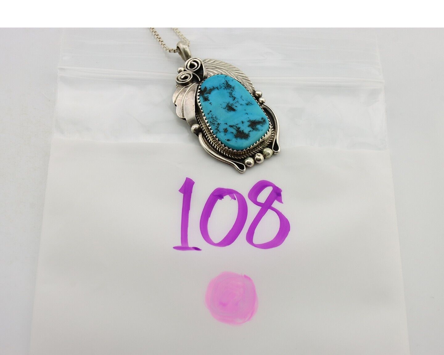 Navajo Necklace Pendant 925 Silver Blue Turquoise Signed Justin Morris C.80's