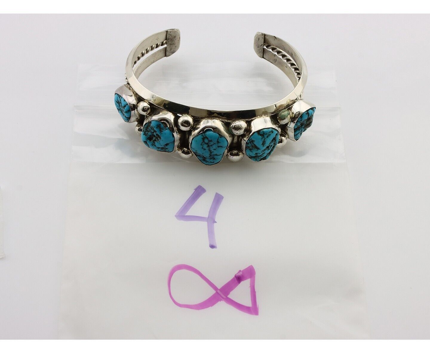 Navajo Bracelet 925 Silver Nugget Sleeping Beauty Turquoise Artist Signed JR C80