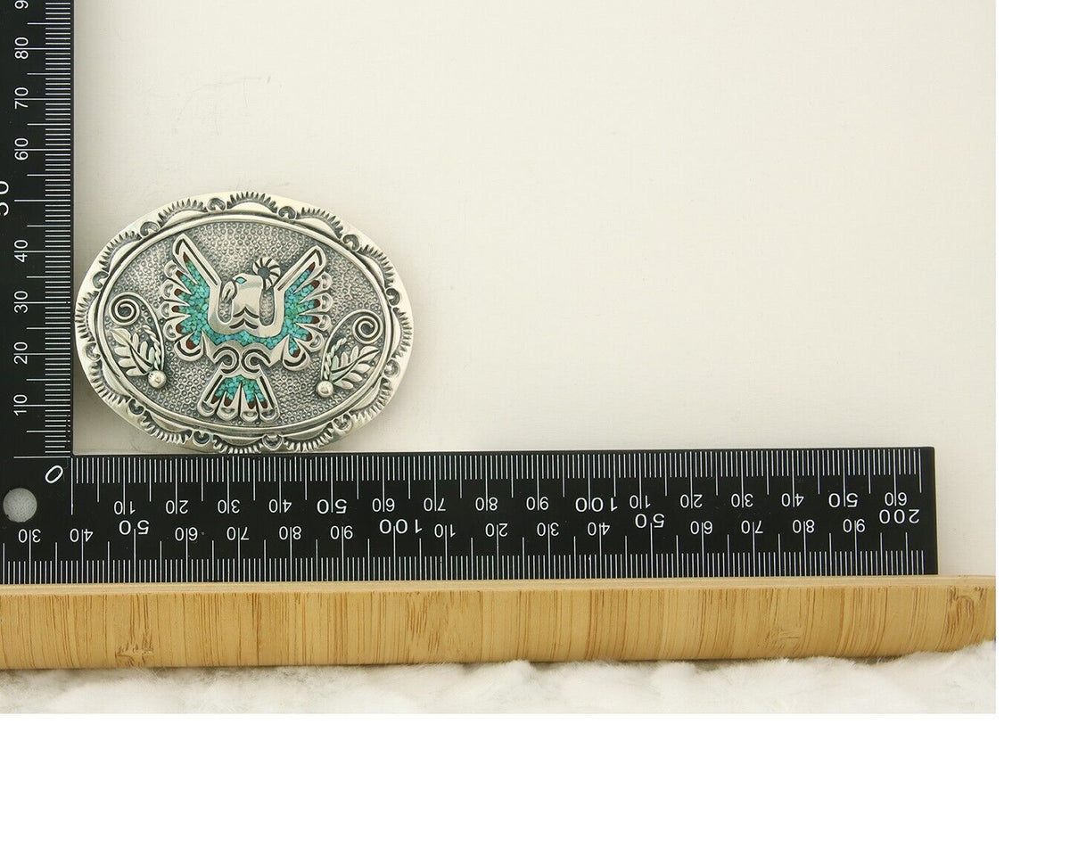 Vintage Navajo Belt Buckle 925 Sterling Silver Inlaid Gemstone Stanely Bain