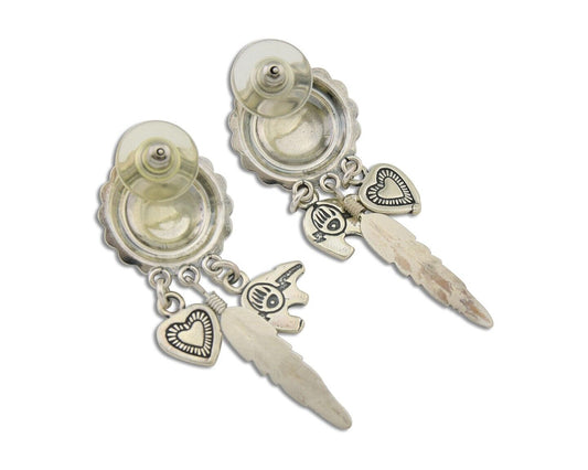 Navajo Concho Dangle Bear Feather Heart Earrings 925 Silver Natural Turquoise