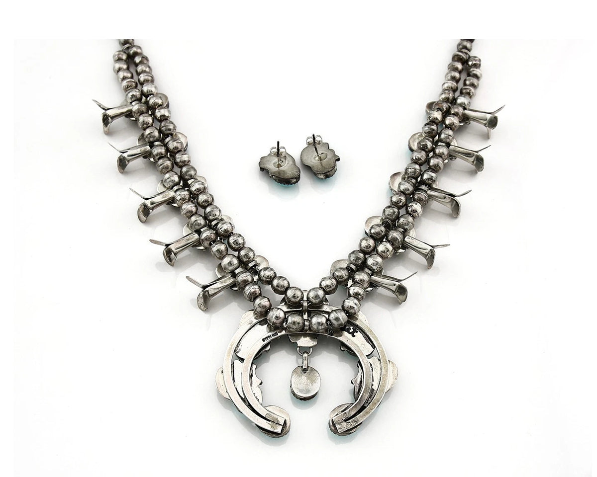 Navajo Squash Necklace Earring Set Sterling Silver Turquoise Vintage C.80's