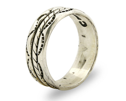 Navajo Ring .925 Silver Handmade Hand Stamped 3 Row Rope Band C.1980s Size 14.25