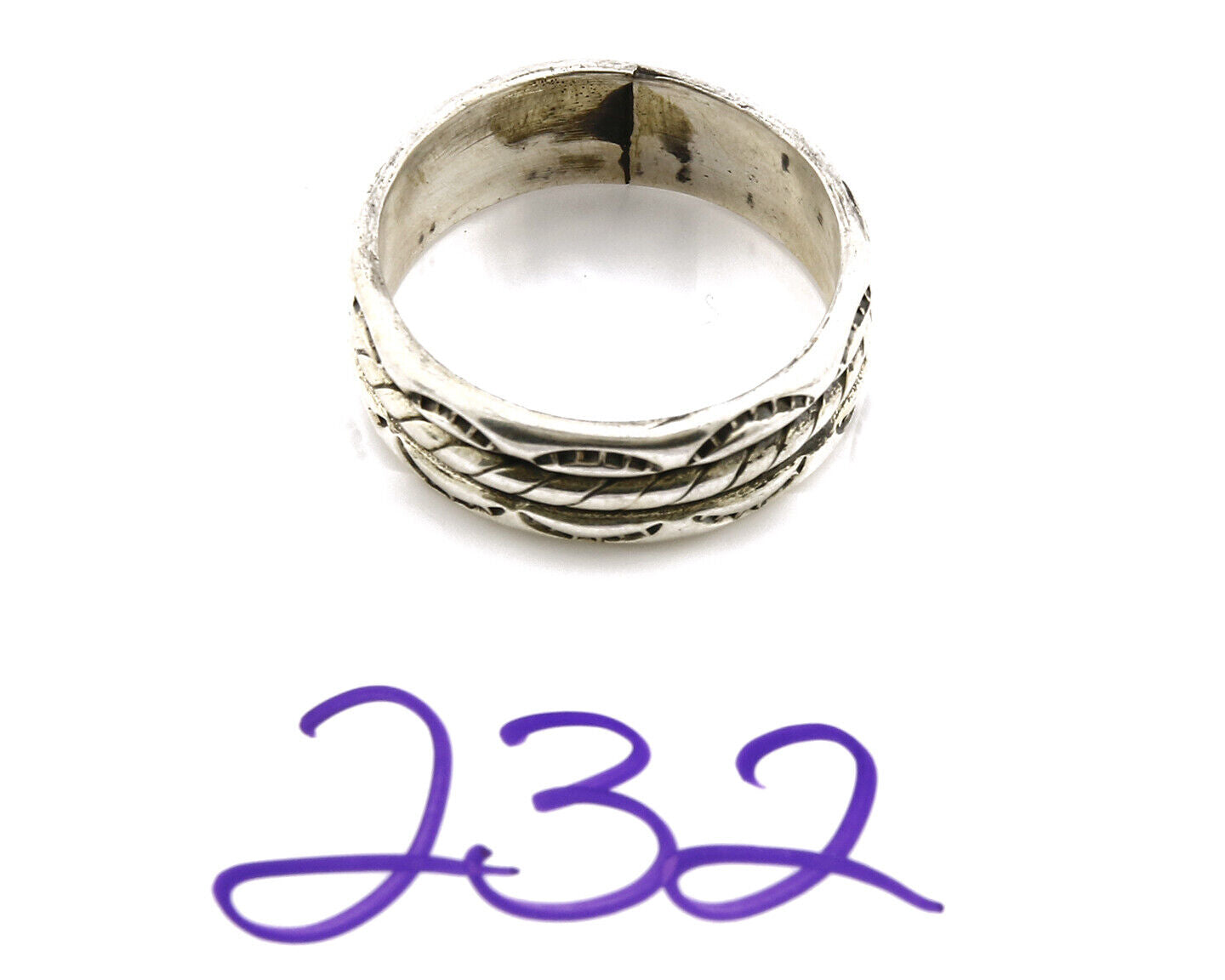 Navajo Ring .925 Silver Handmade Hand Stamped 3 Row Rope Band C.1980s Size 14.25