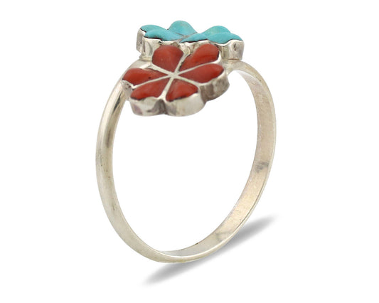 Zuni Flower Ring 925 Silver Turquoise & Coral Native American Artist C.80's