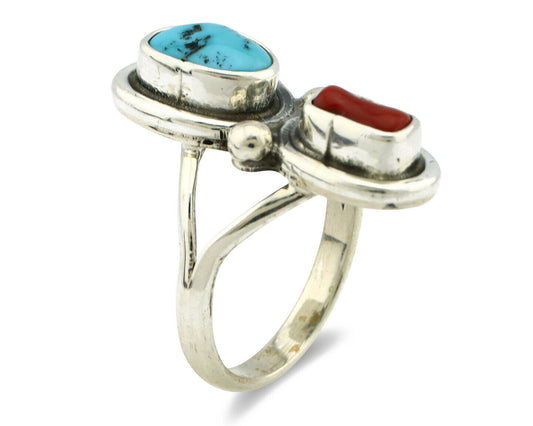 Navajo Ring .925 Silver Red Coral & Blue Turquoise Native Artist C.80's