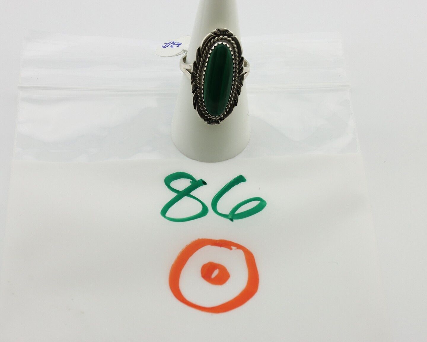 Navajo Ring .925 Silver Malachite Hand Stamped Native American Artist C.80's