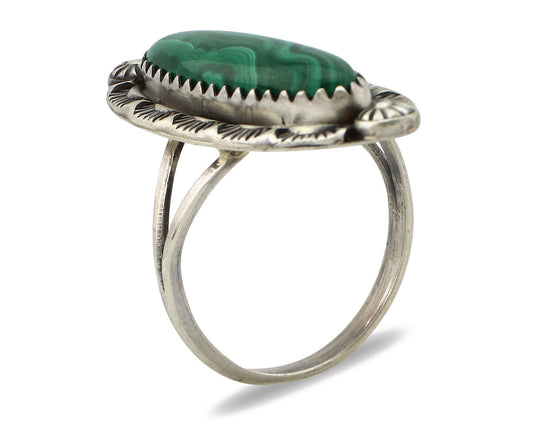 Navajo Ring 925 Silver Natural Malachite Artist Native American Signed H C.80's