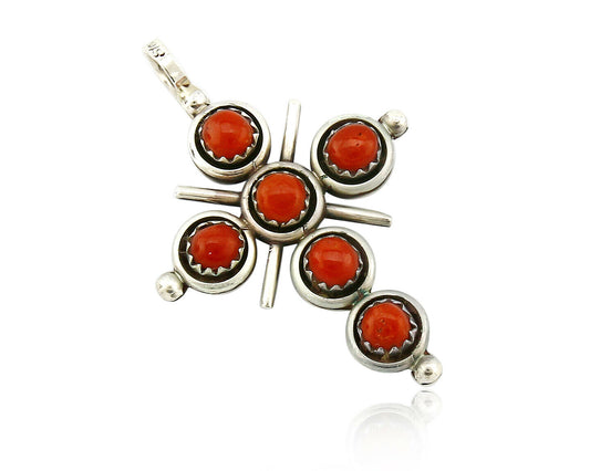 Zuni Natural Turquoise and Coral Reversible 925 Silver Handmade Pendant