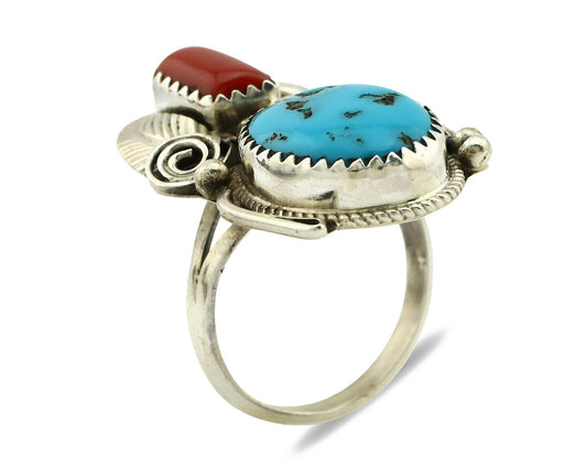 Navajo Ring .925 Silver Turquoise & Coral Artist Signed Justin Morris C.1980's
