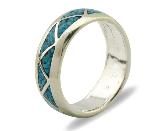 Navajo Chip Inlay Ring 925 Silver Sleeping Beauty Turquoise Artist Silver Cloud