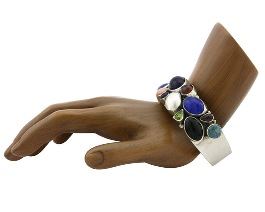 Navajo Bracelet .925 Silver Natural Gemstones Artist Sam Piazo C.80's