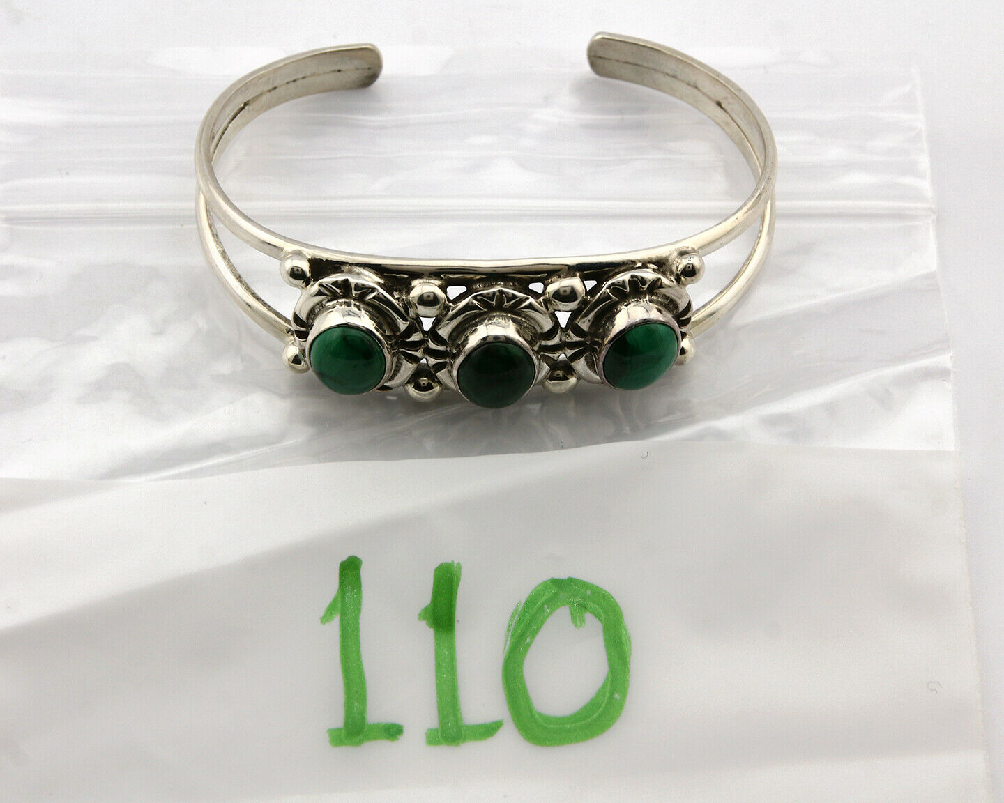 Navajo Bracelet .925 Silver Malachite Gemstones Handmade Native Artist C.80's