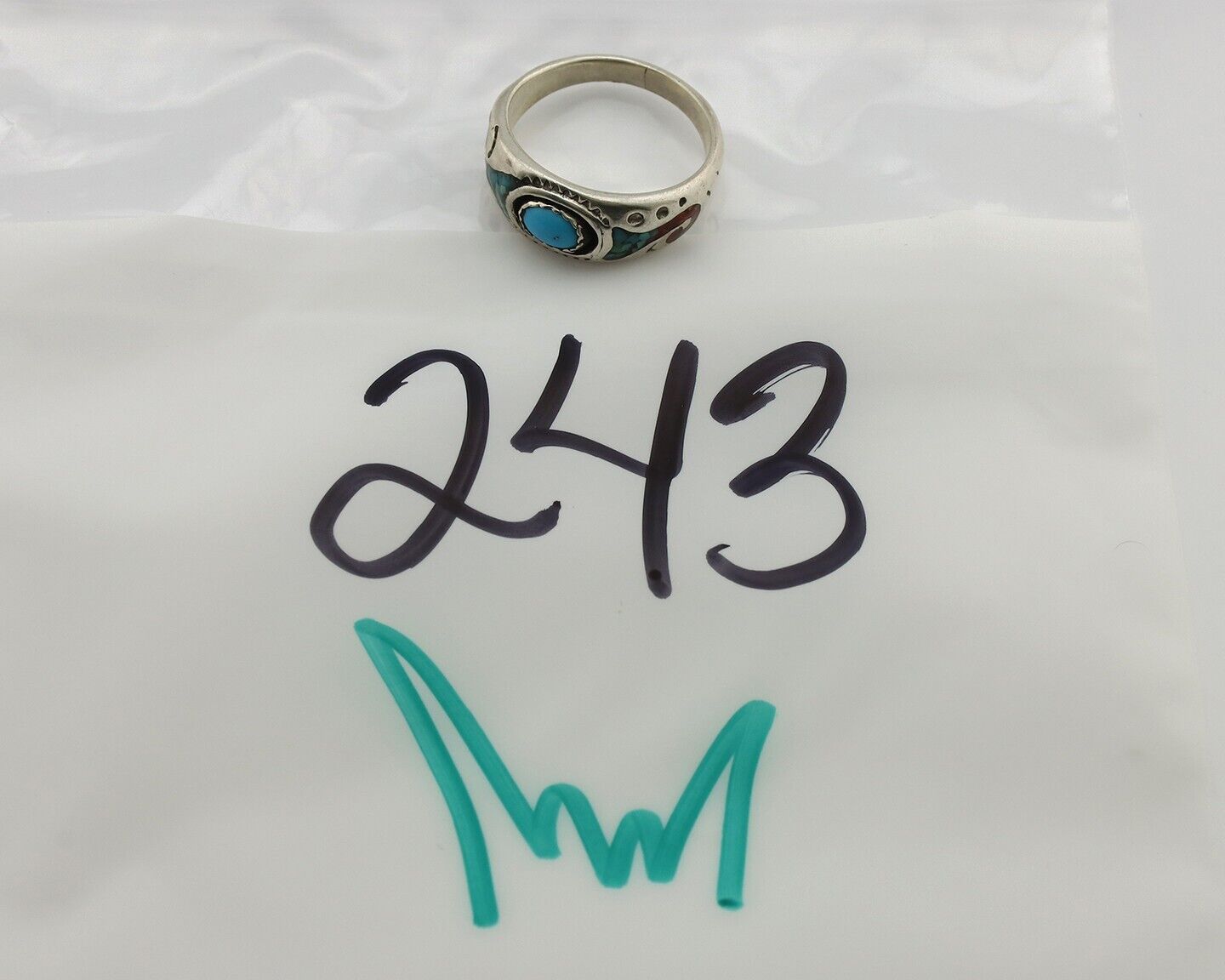 Navajo Handmade Ring 925 Silver Blue Turquoise & Coral Native American C.80's