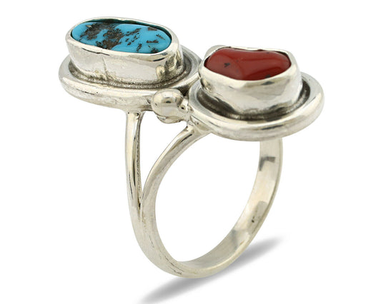 Navajo Ring .925 Silver Blue Turquoise & Red Coral Native American Artist C.80's