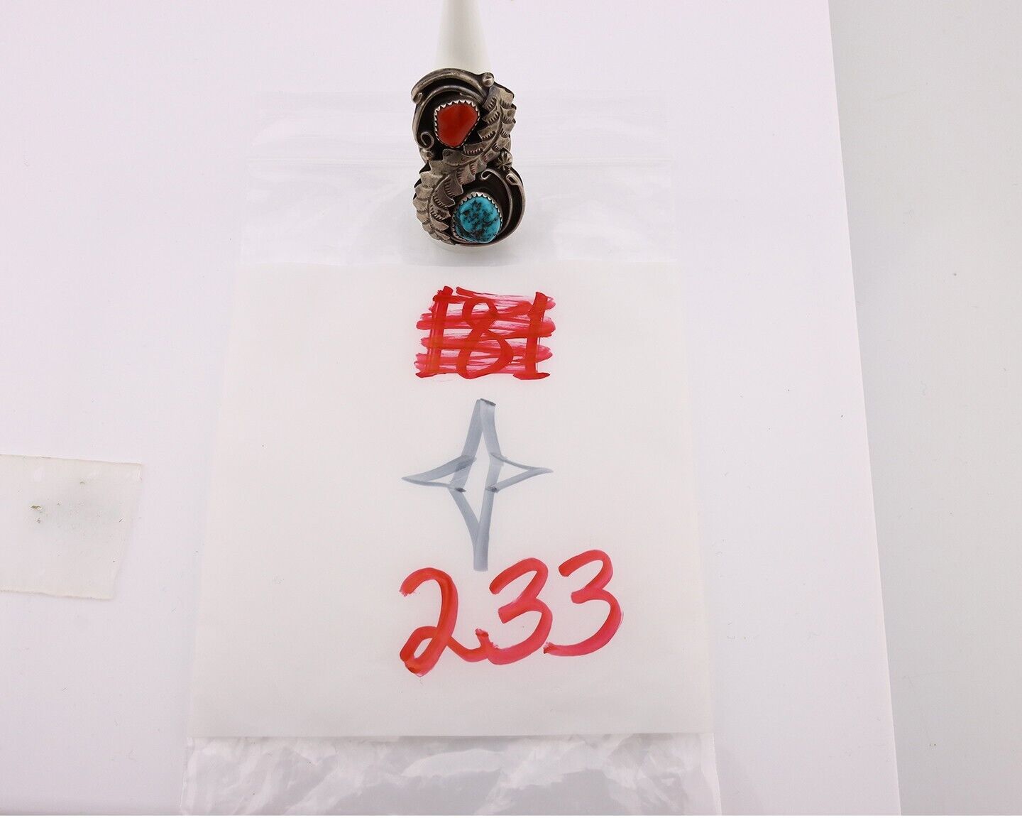 Navajo Ring 925 Silver Blue Turquiose & Coral Artist Signed Wes Craig C.80's