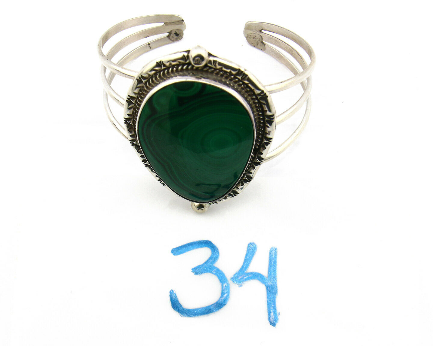 Navajo Malachite Bracelet SOLID .925 Silver Signed Artist KH C.80's