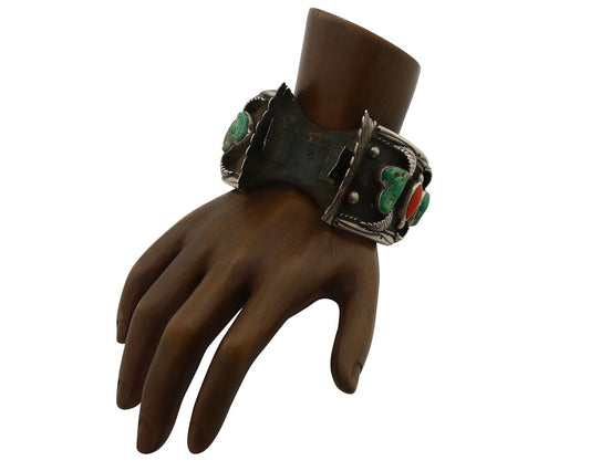 Navajo Cuff Watch Bracelet 925 Silver Green Turquoise Coral Native American C70s