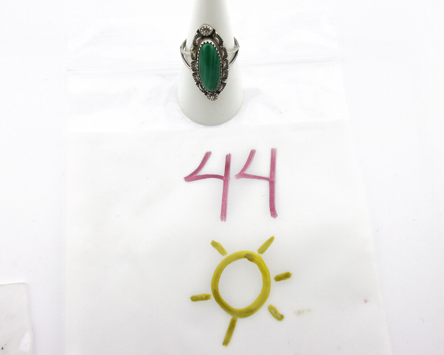 Navajo Ring 925 Silver Natural Malachite Artist Native American Signed H C.80's
