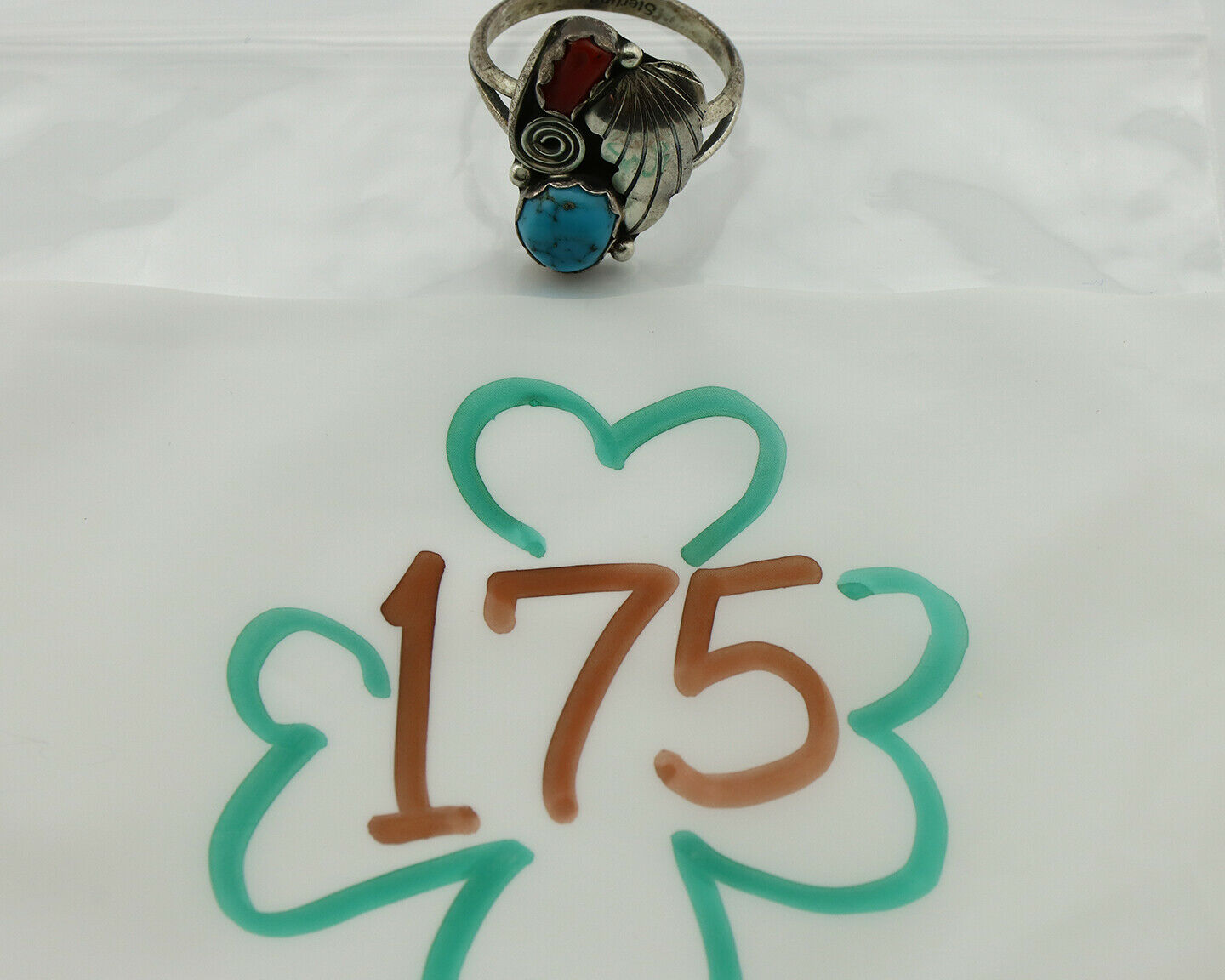 Navajo Ring .925 Silver Turquoise & Coral Native American Artist C.1980's