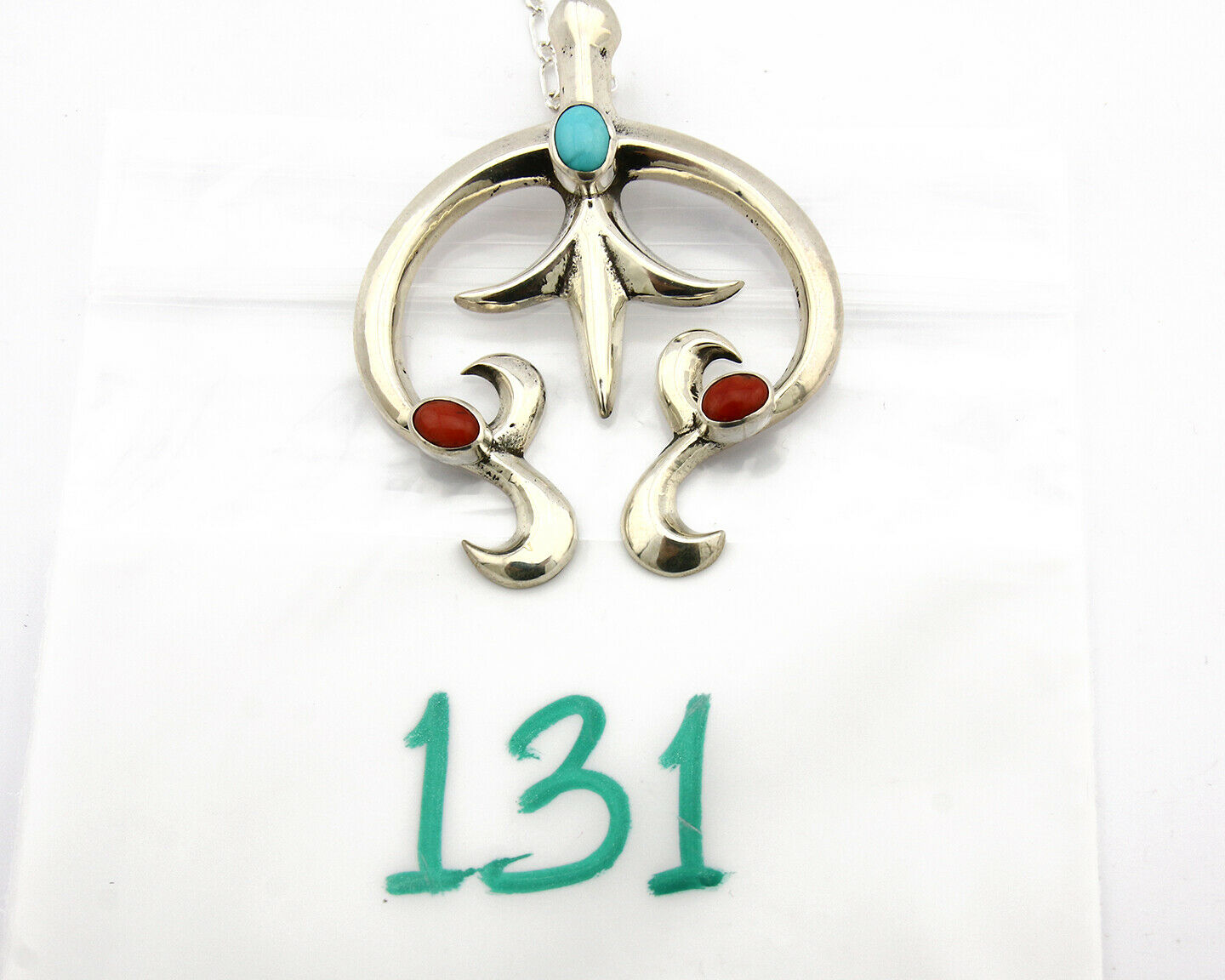 Navajo Necklace .925 Silver Natural Red Coral Turquoise Artist Native C.80's