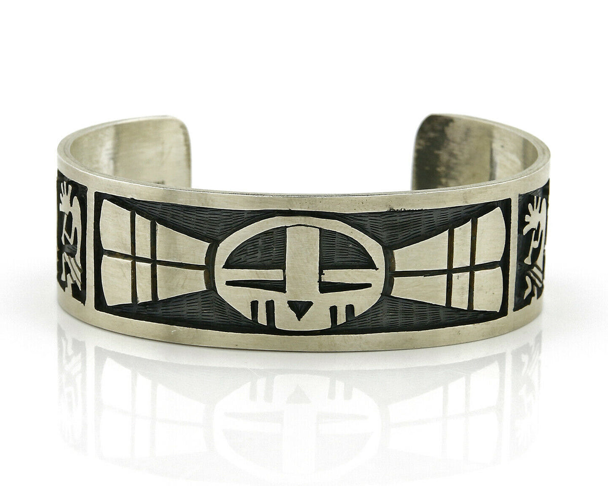 Hopi Bracelet .925 Silver Handmade Kokopelli Corn Sun Overlay Cuff