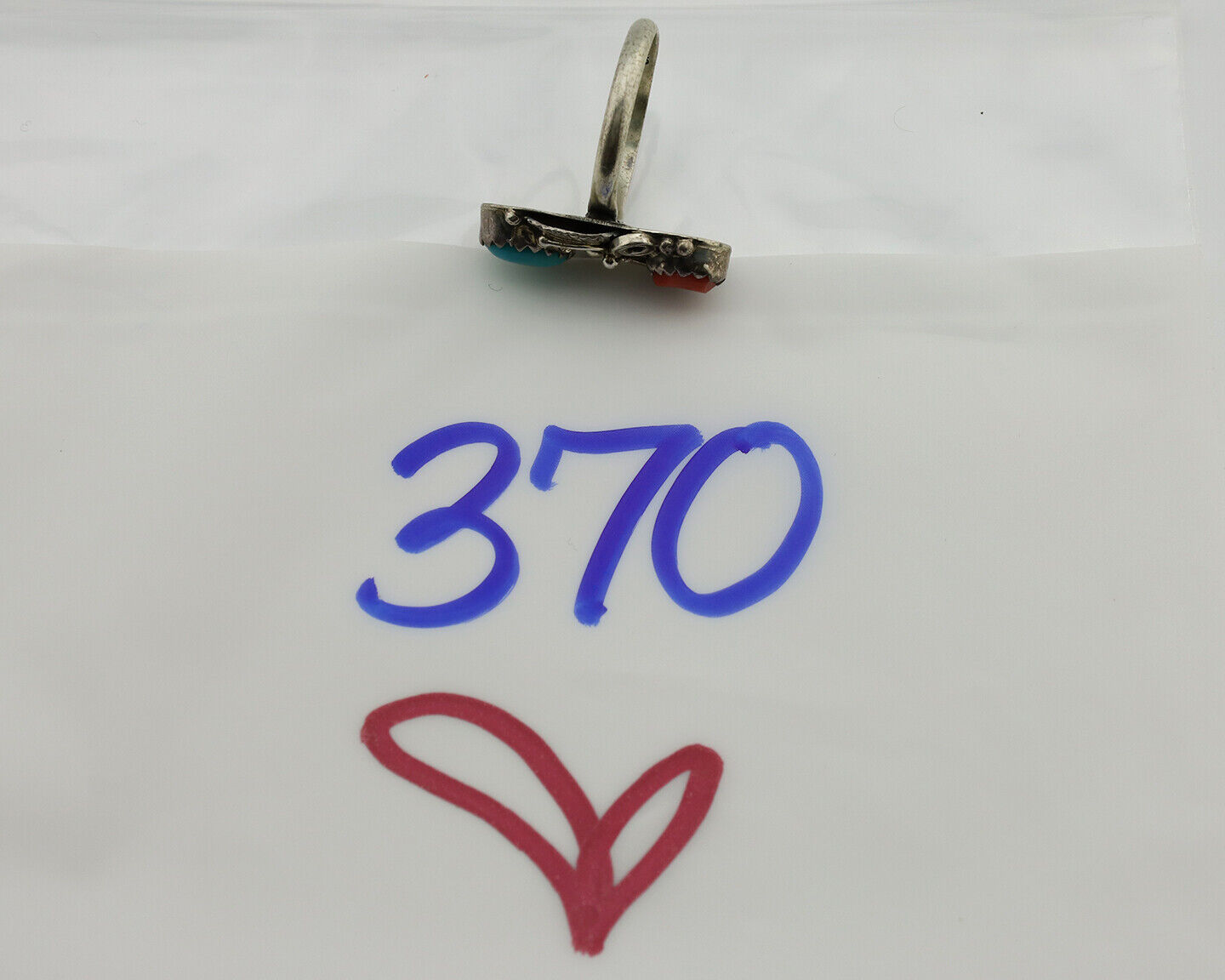 Navajo Ring 925 Silver Coral & Turquoise Handmade Native American Artist C.1980s