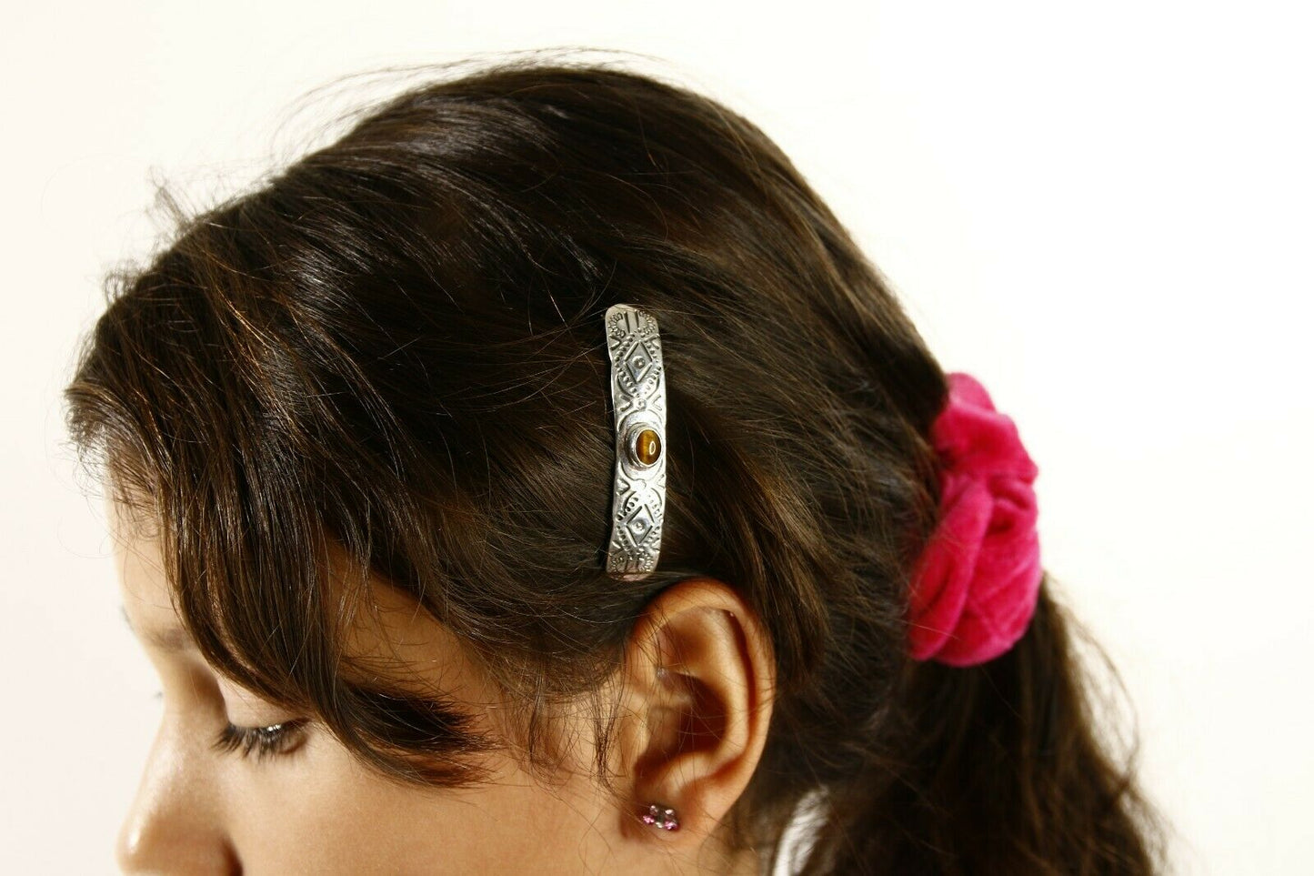 Navajo Tigers Eye .925 SOLID SILVER Hand Stamped 12mm Wide Barrette Hair Clip