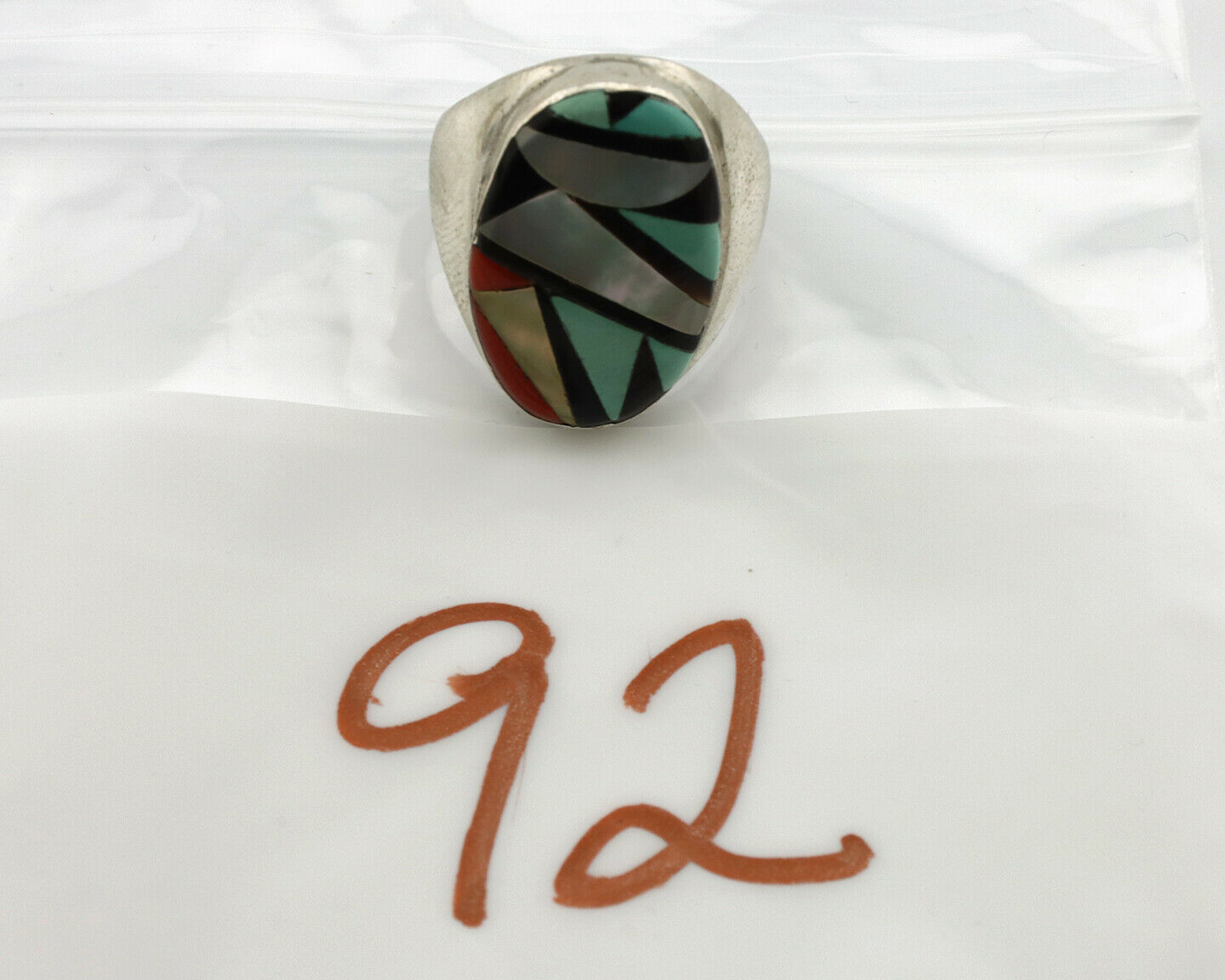 Zuni Inlaid Ring .925 Silver Gemstone Artist Richard & Geneva Terraza C.1980's