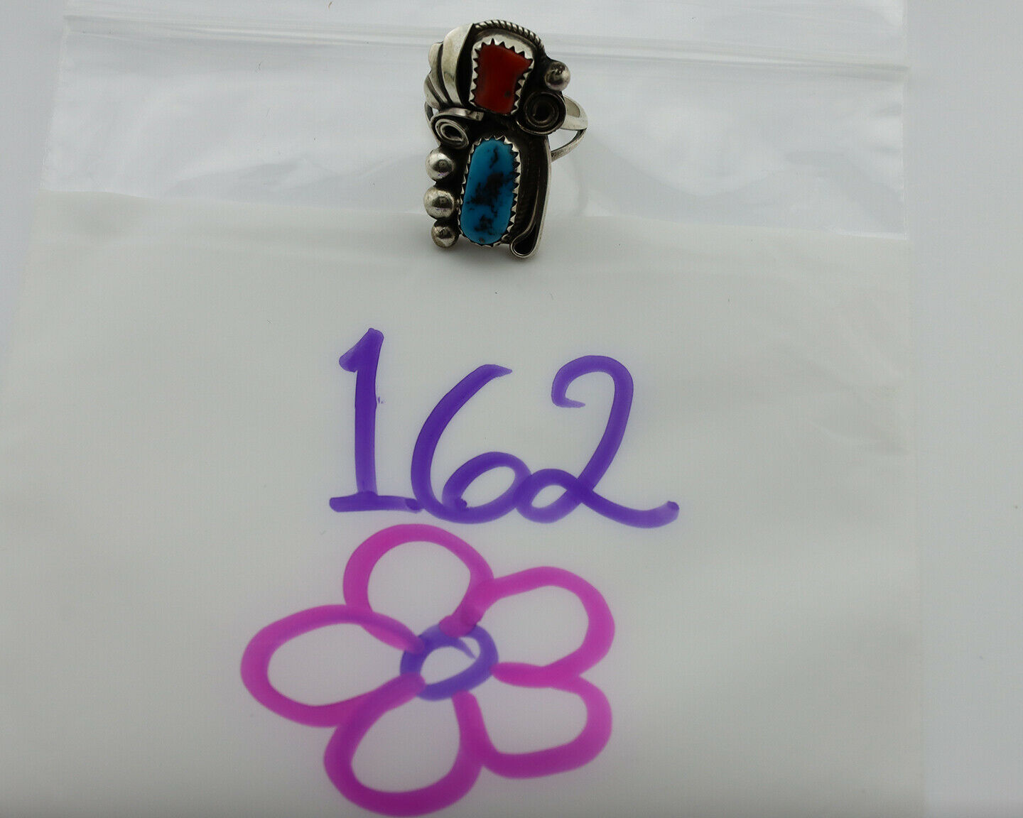 Navajo Ring .925 Silver Turquoise & Coral Artist Signed J Morris C.80's