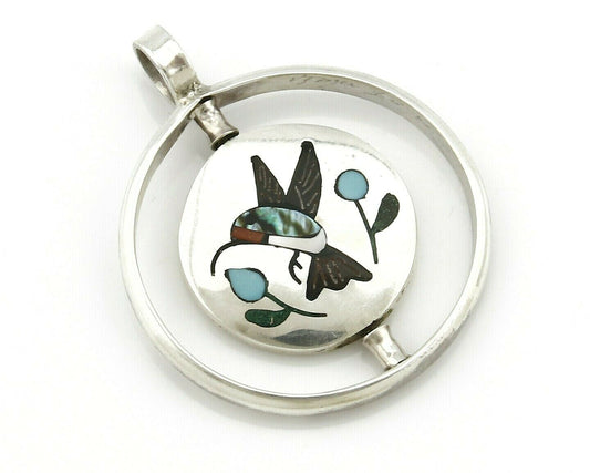Navajo Bird Spinner Pendant .925 Silver Inlaid Gemstone Signed Baylor C.80's
